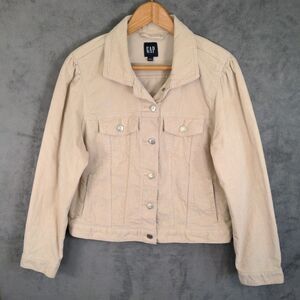 Gap Corduroy Jacket Puff Sleeve Size L Beige Khaki Vintage Style Classic Preppy